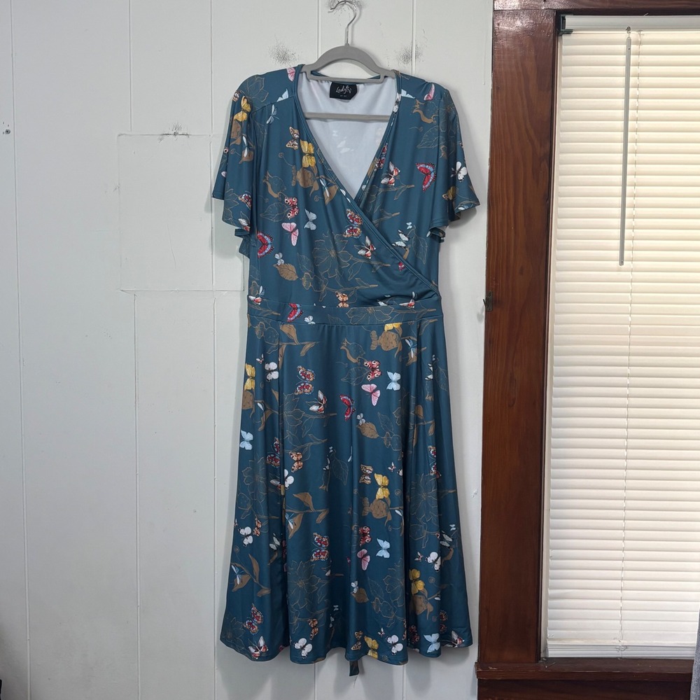 Lady V London Teal Butterfly Floral Wrap Midi Dress Plus Size 6XL UK 30/32